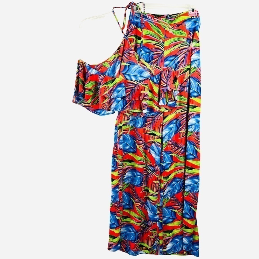 New-shop17 Two Pc Set Tropical Multi color, Ruffled Top Wide Leg Neck Tie Pants